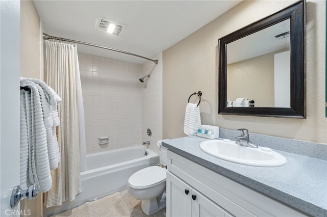 full bath featuring toilet, shower / bathtub combination with curtain, vanity, and visible vents