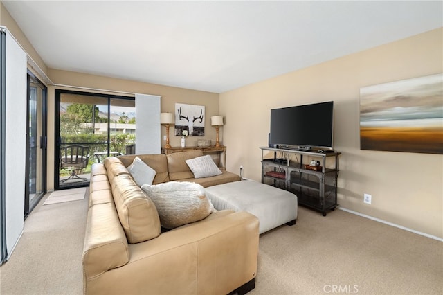 living area featuring carpet and baseboards