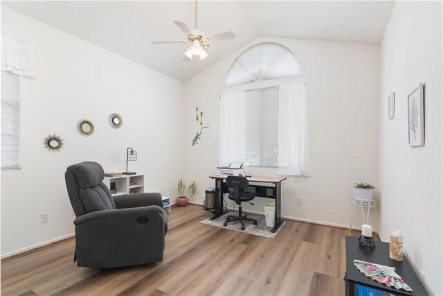 750 Diamante, San Jacinto, CA 92583 - office featuring wood finished floors, lofted ceiling, a ceiling fan, and baseboards