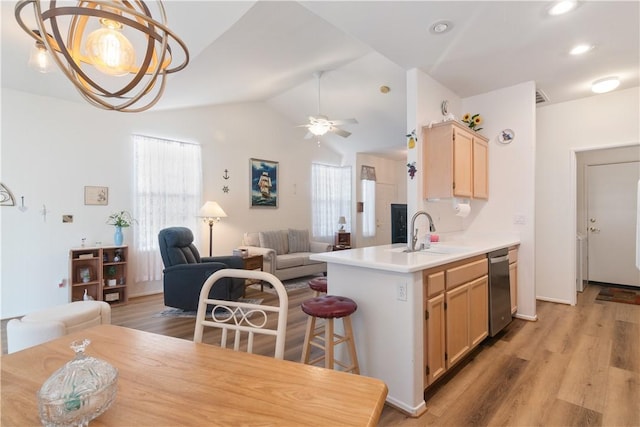 750 Diamante, San Jacinto, CA 92583 - kitchen with a sink, open floor plan, stainless steel dishwasher, healthy amount of natural light, and lofted ceiling