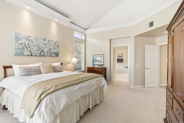 bedroom with light colored carpet, baseboards, ensuite bathroom, crown molding, and high vaulted ceiling