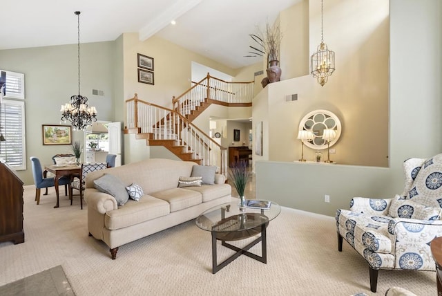 living area featuring a chandelier, carpet, high vaulted ceiling, stairs, and baseboards