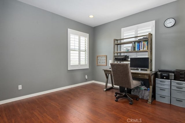 office space featuring recessed lighting, wood finished floors, and baseboards