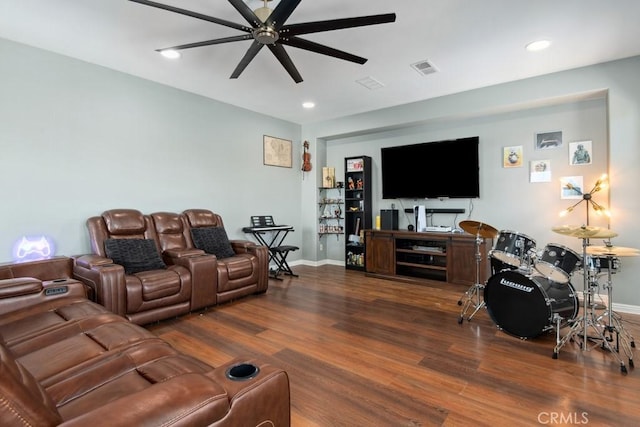 16550 Catalonia Dr, Riverside, CA 92504 - living area featuring a ceiling fan, wood finished floors, baseboards, and recessed lighting