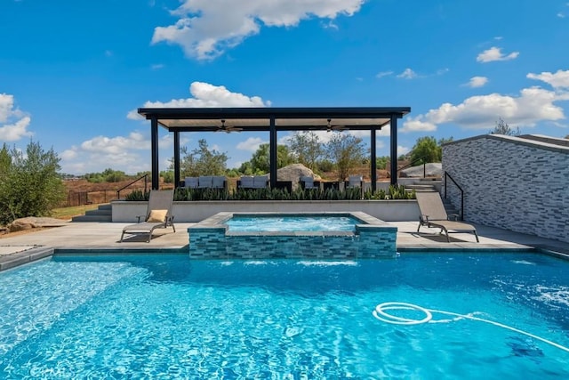 view of swimming pool featuring a fenced in pool, ceiling fan, an in ground hot tub, and a patio area