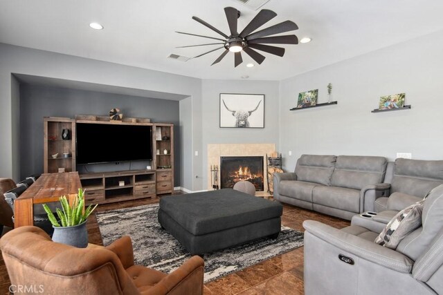 16550 Catalonia Dr, Riverside, CA 92504 - living area with a ceiling fan, a fireplace, and recessed lighting