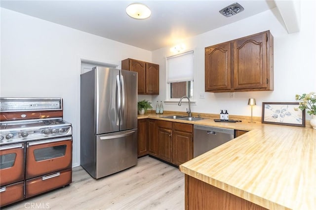 kitchen with a sink, light wood-type flooring, a peninsula, stainless steel appliances, and butcher block countertops