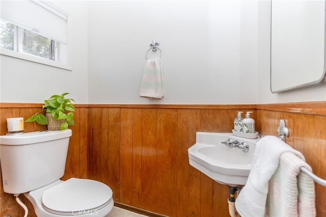 bathroom with wooden walls, toilet, and wainscoting