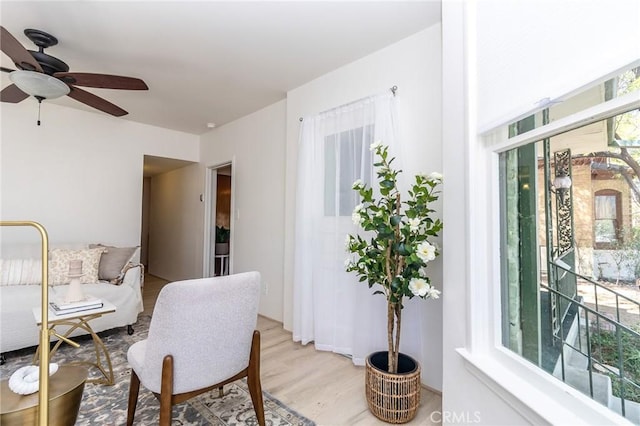 living area featuring light wood finished floors and ceiling fan