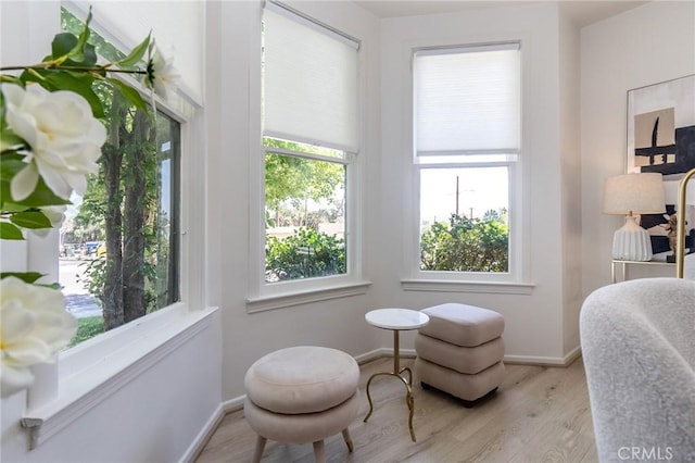 sitting room with wood finished floors, baseboards, and a wealth of natural light