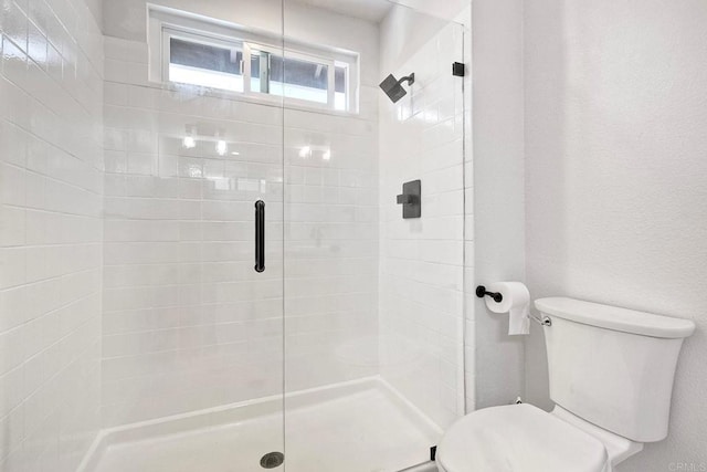 full bathroom featuring a shower stall and toilet