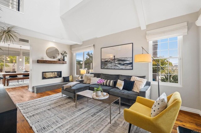 1024 Cottage Way, Encinitas, CA 92024 - living room featuring wood finished floors, plenty of natural light, a multi sided fireplace, baseboards, and high vaulted ceiling