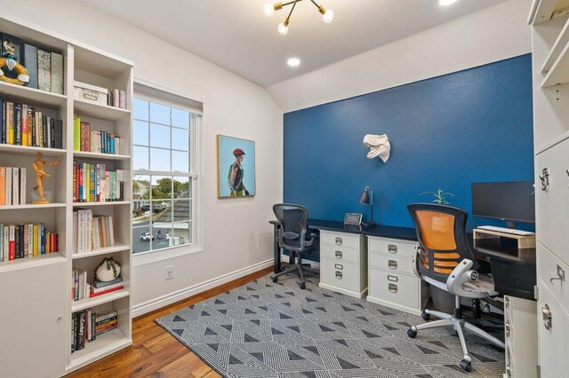 1024 Cottage Way, Encinitas, CA 92024 - office area with vaulted ceiling, baseboards, and wood finished floors