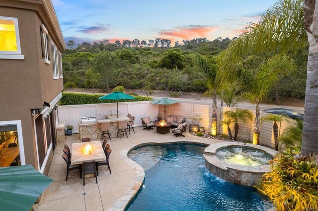 1024 Cottage Way, Encinitas, CA 92024 - view of swimming pool featuring an outdoor fire pit, a patio area, and a pool with connected hot tub