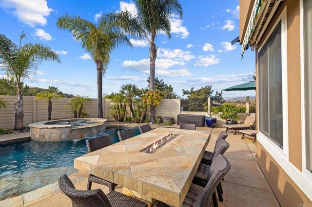 1024 Cottage Way, Encinitas, CA 92024 - view of pool with a fenced backyard, a patio, outdoor dining area, and a pool with connected hot tub