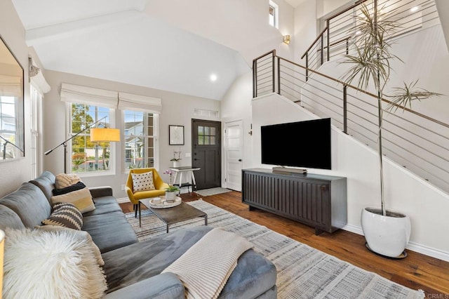 1024 Cottage Way, Encinitas, CA 92024 - living area with lofted ceiling, wood finished floors, stairway, baseboards, and recessed lighting