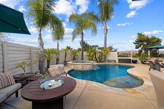 1024 Cottage Way, Encinitas, CA 92024 - view of swimming pool featuring a patio area, a fenced backyard, and a pool with connected hot tub