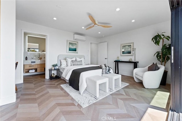 bedroom featuring baseboards, an AC wall unit, and recessed lighting
