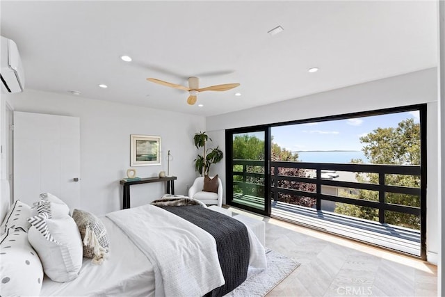 bedroom with recessed lighting, access to exterior, a wall unit AC, and ceiling fan