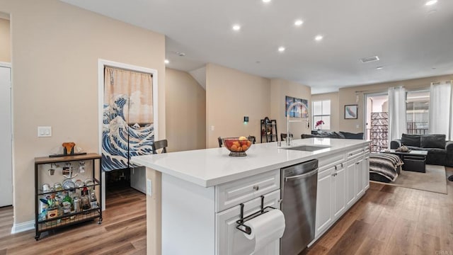 1771 Laurelwood Way, Oceanside, CA 92056 - kitchen featuring dishwasher, open floor plan, wood finished floors, recessed lighting, and a kitchen island with sink