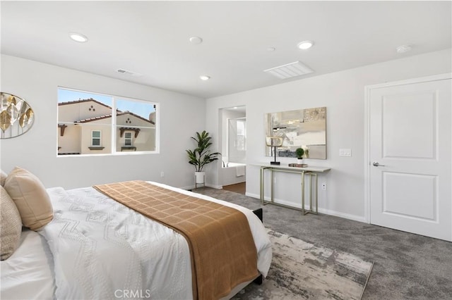 bedroom with carpet flooring, baseboards, visible vents, and recessed lighting