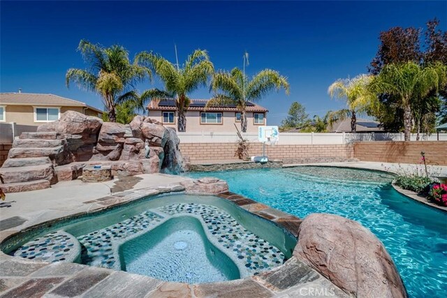 25279 Spur Branch Pl, Menifee, CA 92584 - view of swimming pool featuring a fenced backyard, an in-ground hot tub, and a patio area