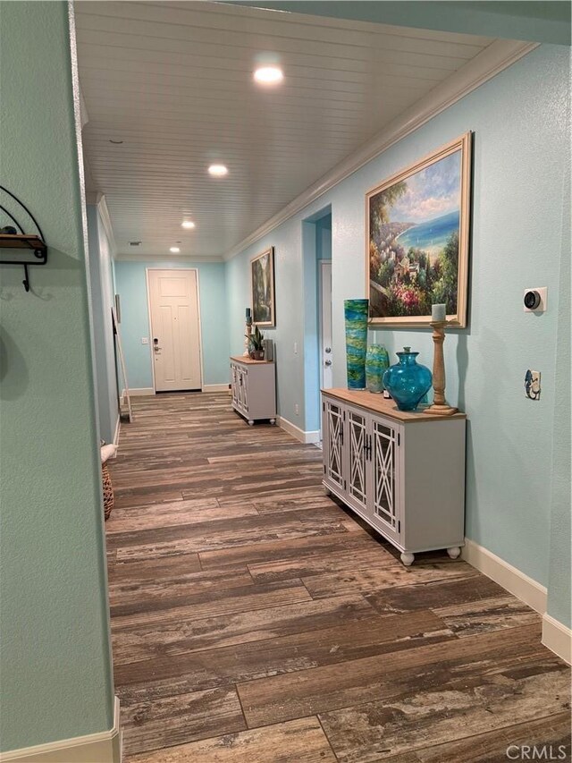 25279 Spur Branch Pl, Menifee, CA 92584 - hall with ornamental molding, recessed lighting, wood finished floors, and baseboards