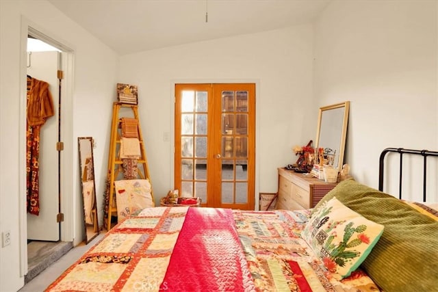 63854 Orion Rd, Joshua Tree, CA 92252 - bedroom featuring french doors, lofted ceiling, and carpet floors