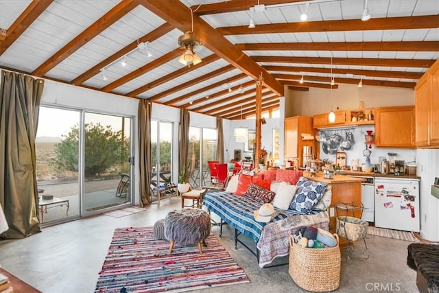 63854 Orion Rd, Joshua Tree, CA 92252 - living room featuring ceiling fan, healthy amount of natural light, concrete floors, and rail lighting