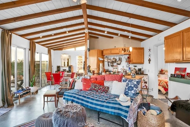 63854 Orion Rd, Joshua Tree, CA 92252 - living area featuring concrete flooring and wooden ceiling