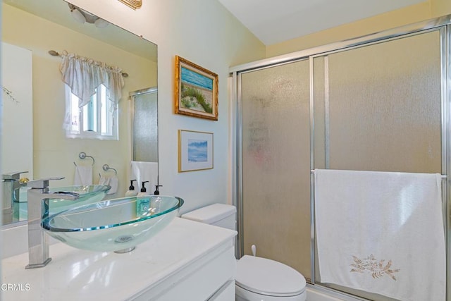 full bath with vanity, a shower stall, and toilet
