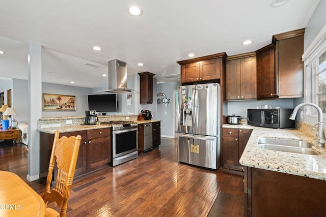 1257 S G St, Oxnard, CA 93033 - kitchen with a sink, appliances with stainless steel finishes, island exhaust hood, and dark wood finished floors