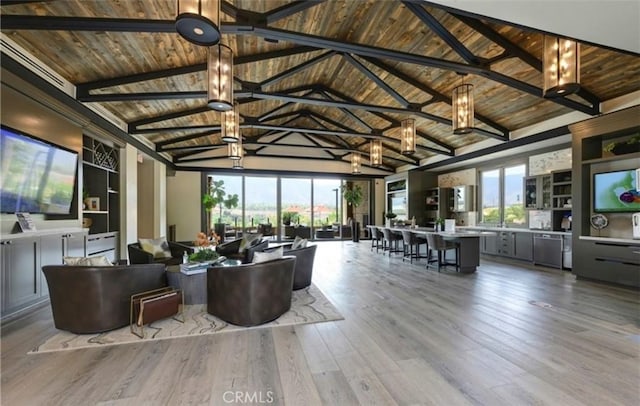 living room featuring wooden ceiling, vaulted ceiling with beams, and wood finished floors