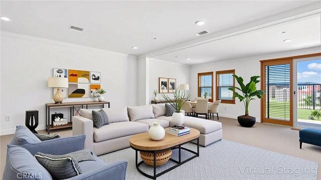 24845 Elison Ct, Corona, CA 92883 - carpeted living room with recessed lighting, crown molding, and baseboards