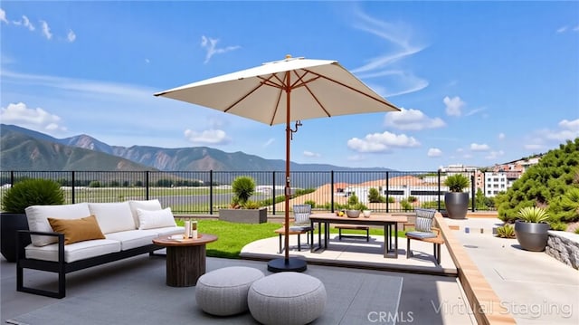 24845 Elison Ct, Corona, CA 92883 - view of home's community featuring a mountain view, outdoor lounge area, fence, and a patio