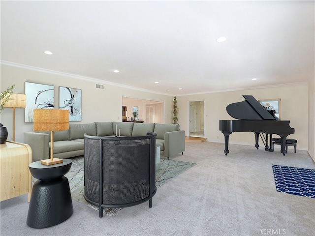 living room with recessed lighting, visible vents, crown molding, and carpet floors