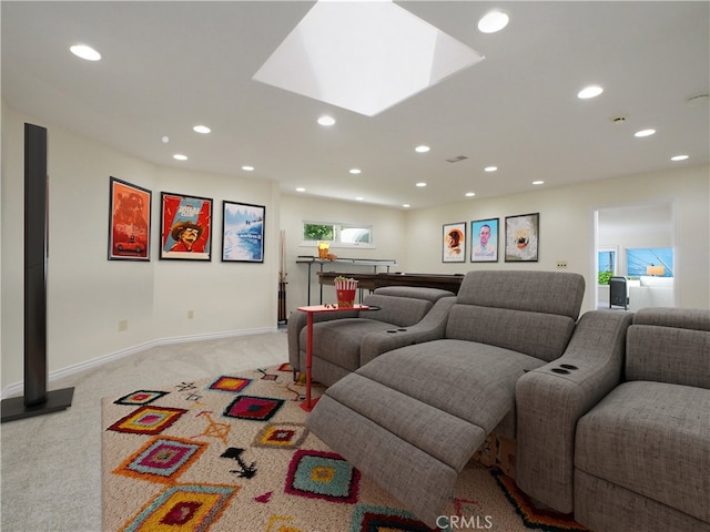 living area with baseboards, recessed lighting, and light colored carpet