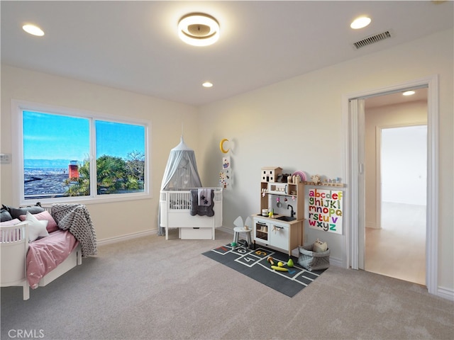 playroom featuring visible vents, baseboards, recessed lighting, and carpet