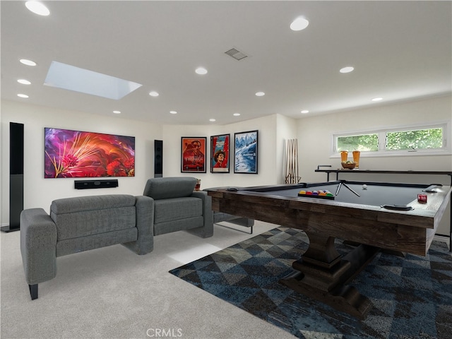 playroom with visible vents, billiards, recessed lighting, and carpet