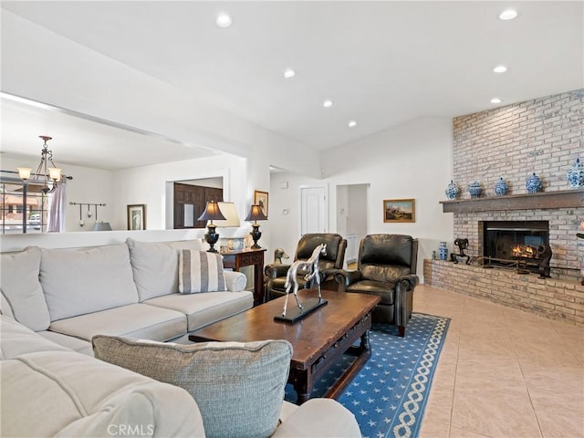 living room with recessed lighting, tile patterned floors, a notable chandelier, and a fireplace