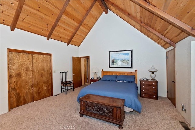 carpeted bedroom with wooden ceiling, lofted ceiling with beams, and visible vents