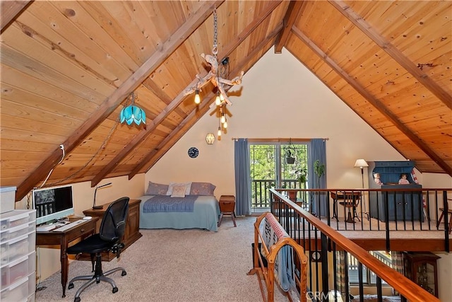 carpeted bedroom with wooden ceiling and lofted ceiling with beams