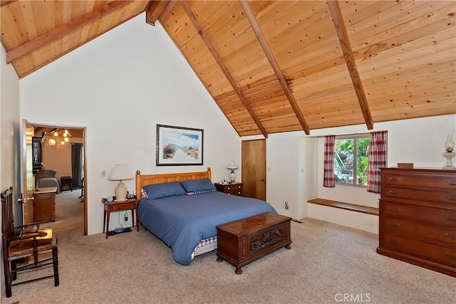 carpeted bedroom featuring beamed ceiling, high vaulted ceiling, and wooden ceiling