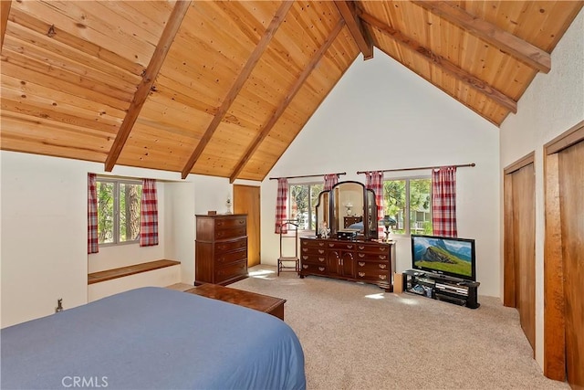 carpeted bedroom featuring wood ceiling, high vaulted ceiling, beamed ceiling, and multiple windows
