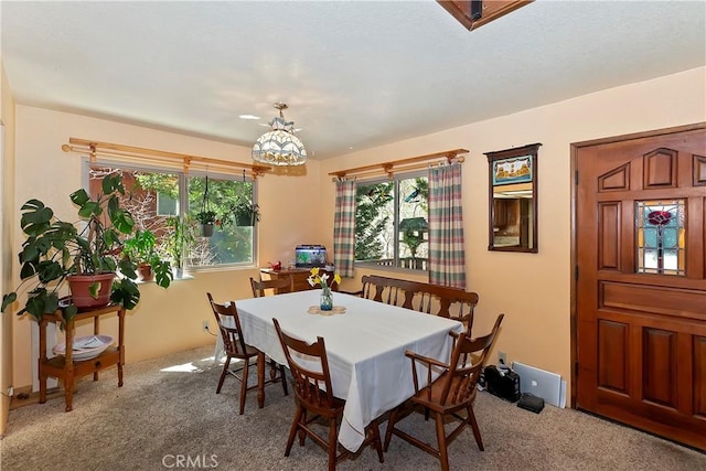 carpeted dining space featuring a notable chandelier and a healthy amount of sunlight