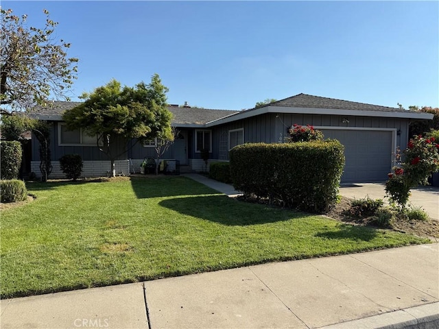 single story home with board and batten siding, roof with shingles, a front yard, a garage, and concrete driveway