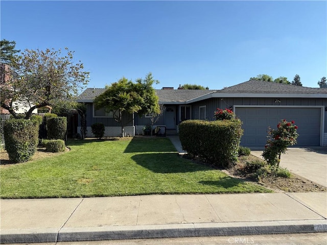 single story home with roof with shingles, an attached garage, a front lawn, board and batten siding, and driveway