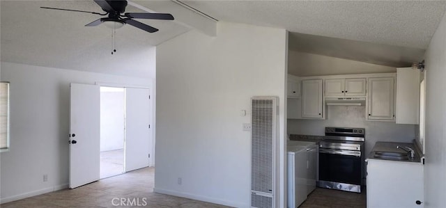 kitchen with a ceiling fan, stainless steel range with electric stovetop, under cabinet range hood, a heating unit, and vaulted ceiling with beams