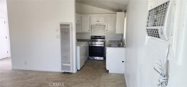 kitchen with stainless steel electric range oven, white cabinets, under cabinet range hood, a heating unit, and a sink
