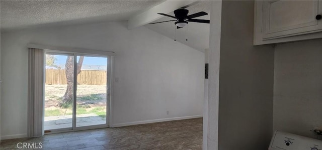 interior space with wood finished floors, a textured ceiling, vaulted ceiling with beams, and ceiling fan